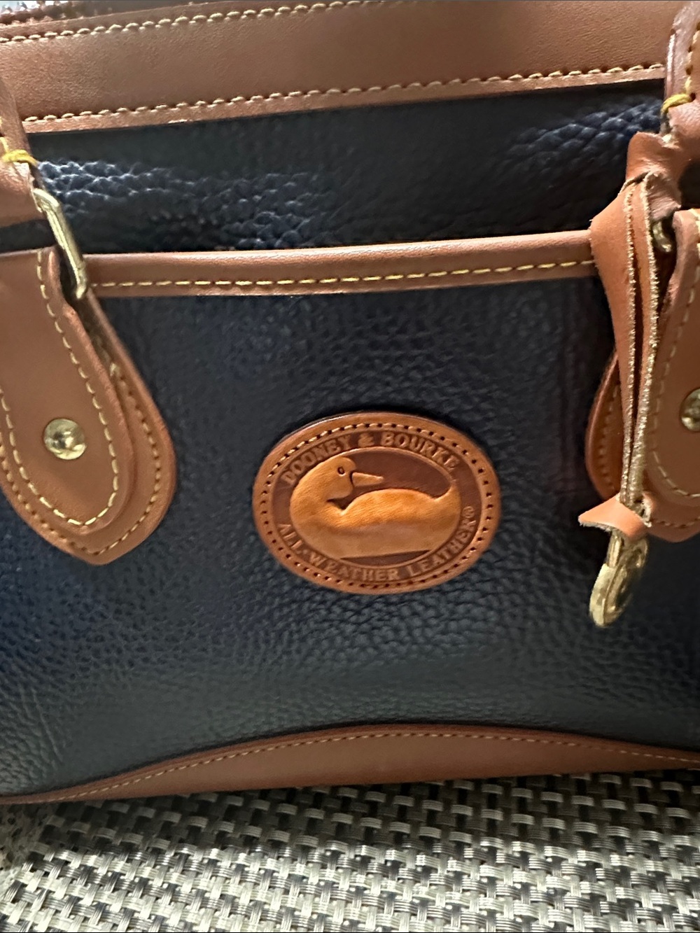 Dooney & Bourke Navy Pebbled Leather Satchel with Tan Trim